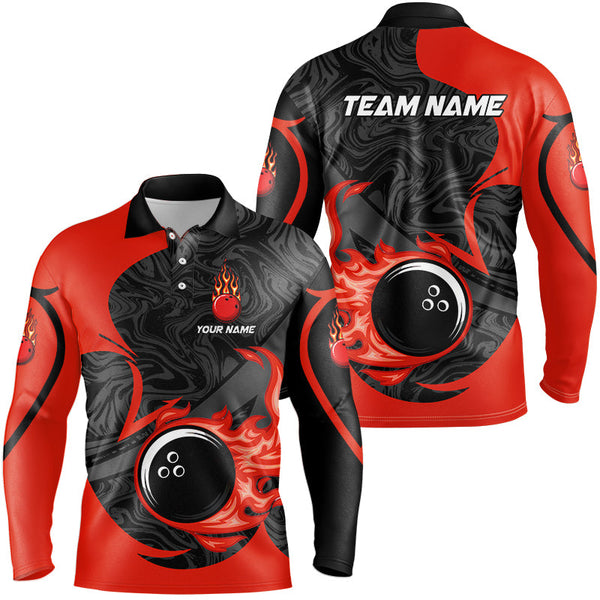 Maxcorners Black And Red Flame Bowling Jersey Customized Name, Team Name 3D Shirt