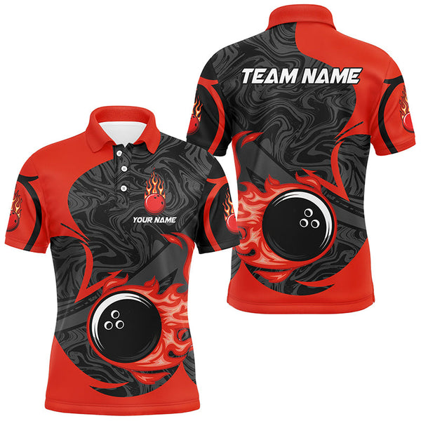 Maxcorners Black And Red Flame Bowling Jersey Customized Name, Team Name 3D Shirt