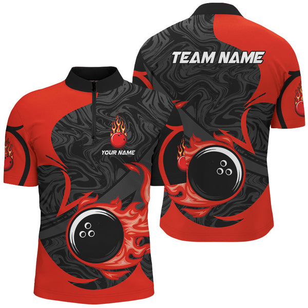 Maxcorners Black And Red Flame Bowling Jersey Customized Name, Team Name 3D Shirt