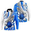 Maxcorners White And Blue Flame Camo Bowling Polo, Quarter Zip Shirt For Men Custom Bowling Team Jersey