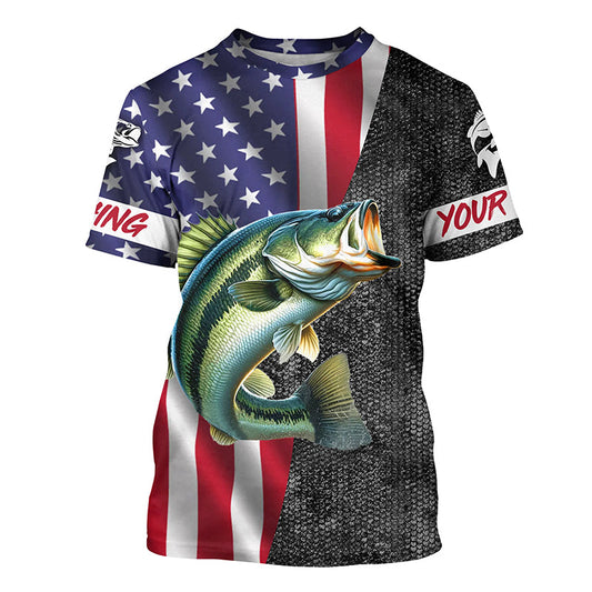Maxcorners Personalized Bass Fishing Jerseys, Custom American flag Largemouth Bass fishing shirts | T-shirt LM0501