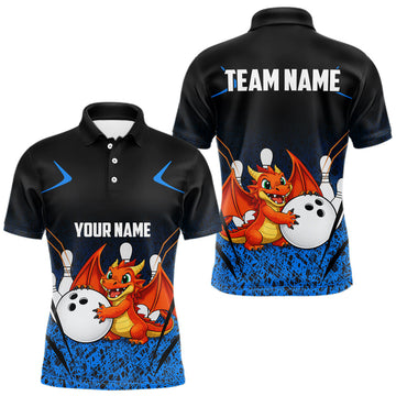 Maxcorners Black and Blue Camo Funny Dragon Bowling Polo, 1/4 Zip Shirts For Men Custom Bowling Team Jerseys