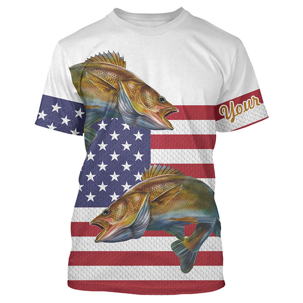 Maxcorners Walleye Fishing American Flag Patriotic Customize Name 3D Shirts