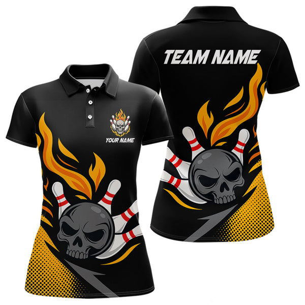 Maxcorners Custom Black and Yellow Flame Skull Bowling shirts for Men, bowling team league jerseys with Name LM1307