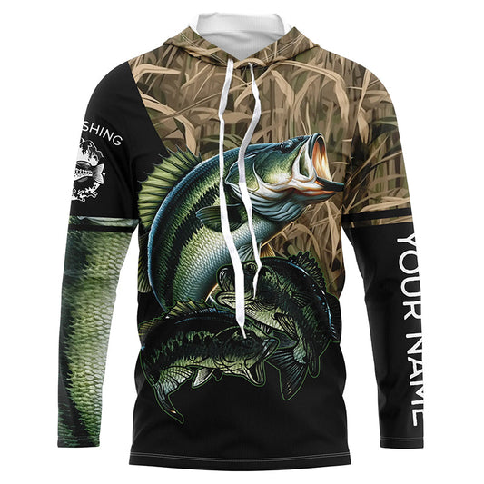 Maxcorners Bass fishing green scales camo Custom name bass Long sleeve fishing shirts, Long Sleeve Hooded LM0201