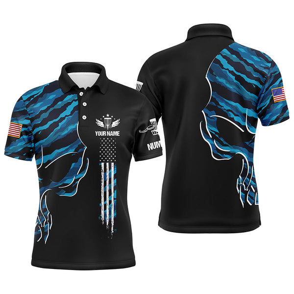 Maxcorners Blue camo skull black US flag custom name, number Men disc golf polo shirts, disco golf outfit for men MT0510