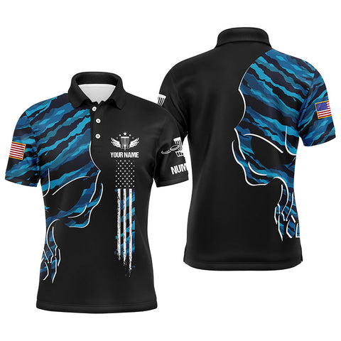 Maxcorners Blue camo skull black US flag custom name, number Men disc golf polo shirts, disco golf outfit for men MT0510