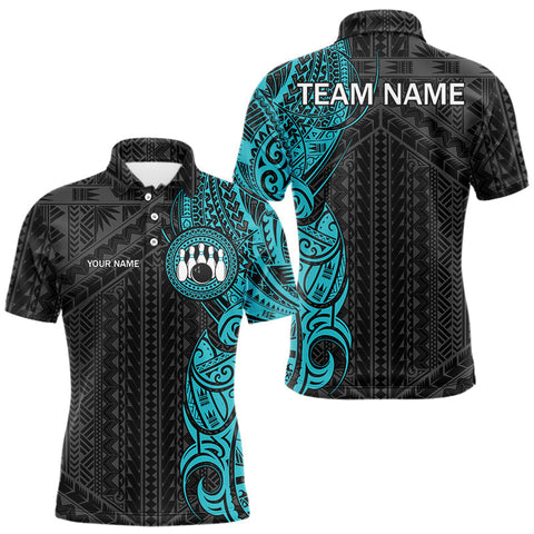 Maxcorners Black and Cyan Blue Tribal pattern Men Bowling Shirt Custom Bowling outfit men Team bowling jersey LM1109