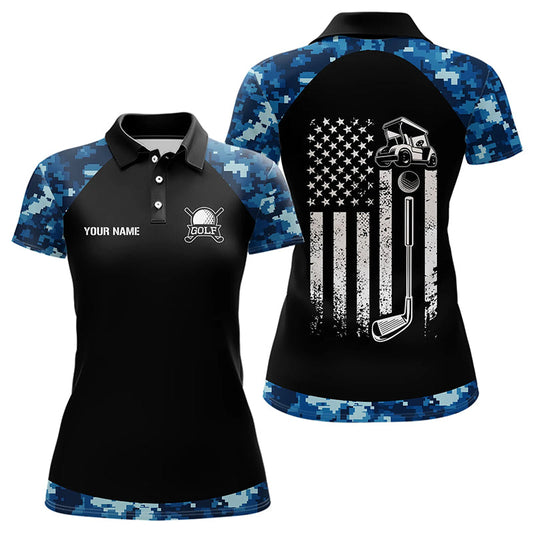 Maxcorners Black And Blue Camo American Flag Mens Golf Polo Shirts Custom Patriotic Golf Tops For Men