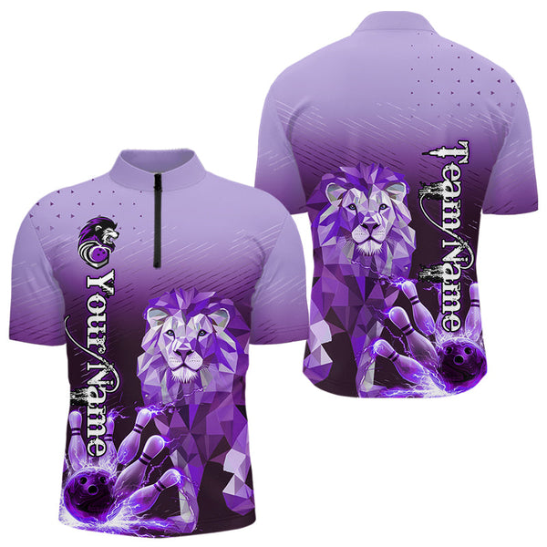 Maxcorners Purple Lightning Lion Bowling Polo, Quarter Zip Shirts for Men Custom Lion Bowling Team jerseys LM113