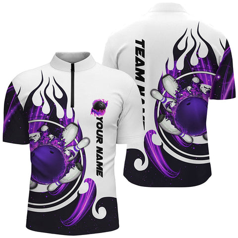 MaxCorners Bowling And Pins Purple Flame Customized Name, Team Name 3D Stand Collar Zipper Polo Shirt For Men