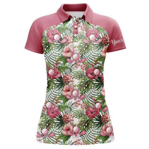 Maxcorners Women Golf Polo Shirt Pink Tropical Flower Leaves Custom Name Pink Golf Polo Shirts