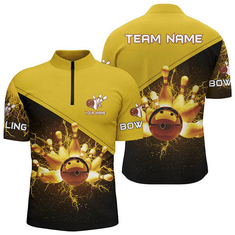 MaxCorners Bowling Ball And Pins Gold Lightning Thunder Customized Name, Team Name 3D Stand Collar Zipper Polo Shirt