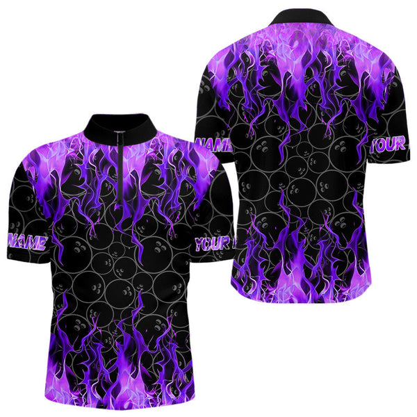 Maxcorners Black and Purple Flame camo Men bowling shirts Custom Flame Bowling Shirt Team Bowling Jersey MT1309