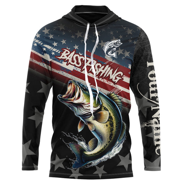 Maxcorners Largemouth Bass Fishing American Flag Custom Black Camo Patriotic Fishing Long Sleeve Shirts