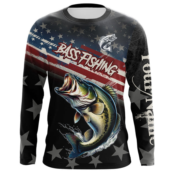 Maxcorners Largemouth Bass Fishing American Flag Custom black camo patriotic fishing long sleeve shirts MT2108