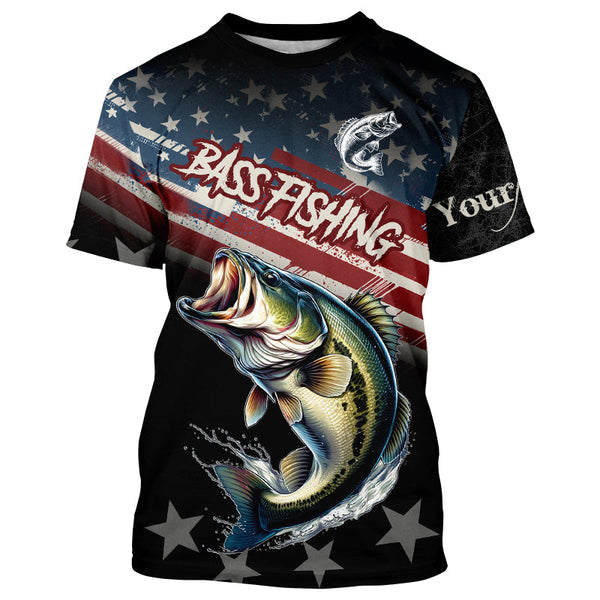 Maxcorners Largemouth Bass Fishing American Flag Custom Black Camo Patriotic Fishing Long Sleeve Shirts