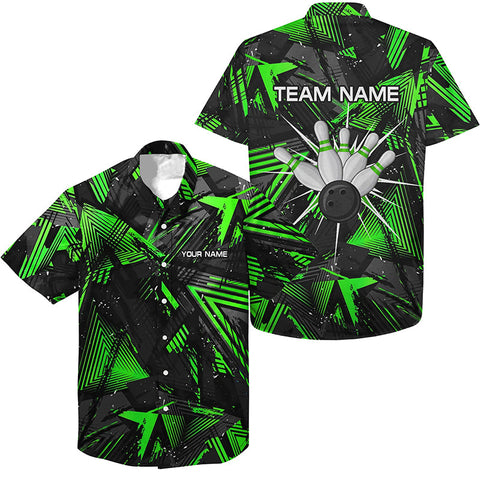 MaxCorners Bowling And Pins Black Green Camo Customized Name, Team Name 3D Hawaiian Shirt