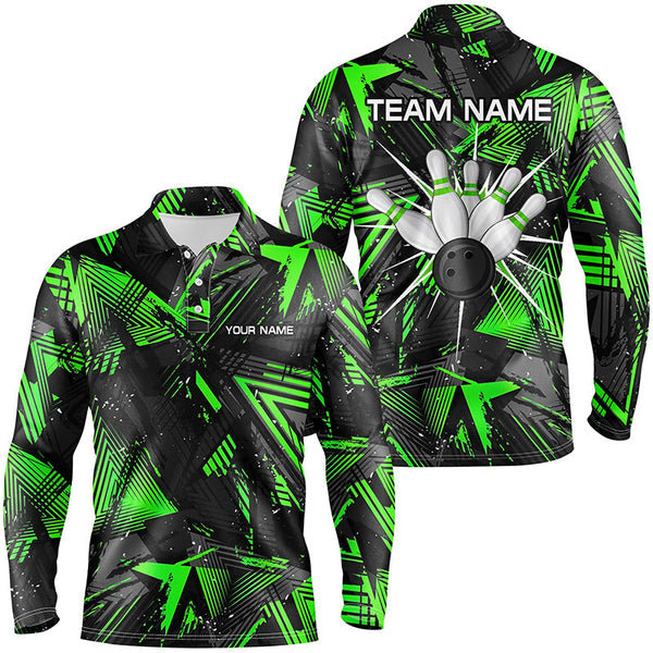 Maxcorners Black Green Camo Bowling Polo Shirt For Men, Personalized Bowling Team Shirts Jerseys