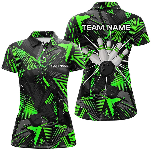 Maxcorners Black Green Camo Bowling Polo Shirt For Men, Personalized Bowling Team Shirts Jerseys