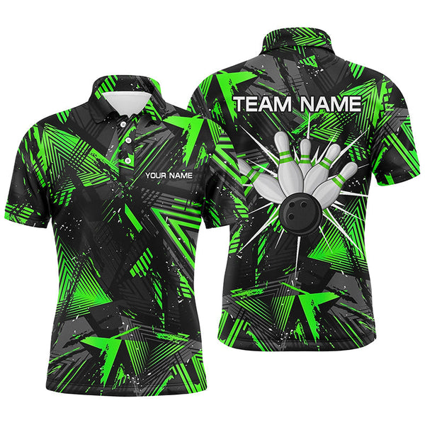 Maxcorners Black Green Camo Bowling Polo Shirt For Men, Personalized Bowling Team Shirts Jerseys