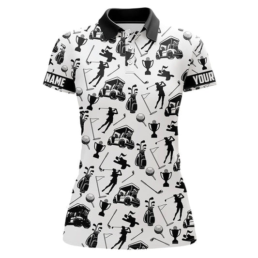 Maxcorners Black And White Golf Icons Pattern Mens Golf Polo Shirts Custom Male Golf Attire Mens Golf Gifts