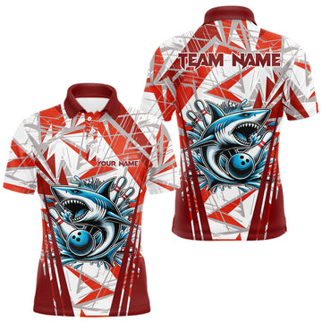 Maxcorners Red and White Camo Shark Bowling Team Shirts For Men Custom Shark Bowling Polo, Quarter Zip Shirt