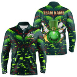 Maxcorners Personalized Green Camo Bowling Polo, 1/4 Zip Shirts For Men Custom St Patrick Day Bowling Team Jersey