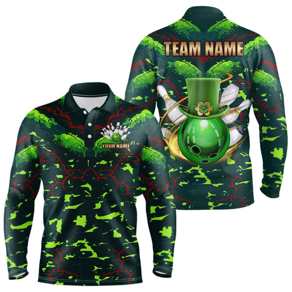 Maxcorners Personalized Green Camo Bowling Polo, 1/4 Zip Shirts For Men Custom St Patrick Day Bowling Team Jersey