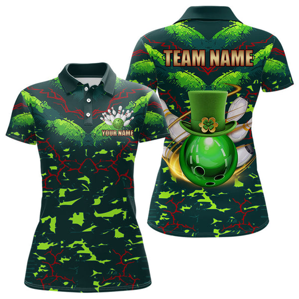 Maxcorners Personalized Green Camo Bowling Polo, 1/4 Zip Shirts For Men Custom St Patrick Day Bowling Team Jersey