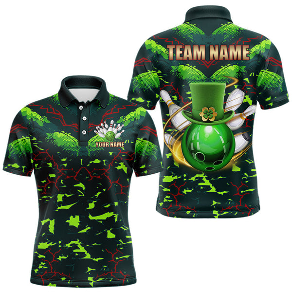 Maxcorners Personalized Green Camo Bowling Polo, 1/4 Zip Shirts For Men Custom St Patrick Day Bowling Team Jersey