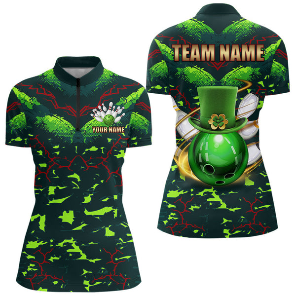 Maxcorners Personalized Green Camo Bowling Polo, 1/4 Zip Shirts For Men Custom St Patrick Day Bowling Team Jersey