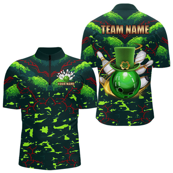 Maxcorners Personalized Green Camo Bowling Polo, 1/4 Zip Shirts For Men Custom St Patrick Day Bowling Team Jersey