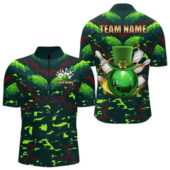 Maxcorners Personalized Green Camo Bowling Polo, 1/4 Zip Shirts For Men Custom St Patrick Day Bowling Team Jersey