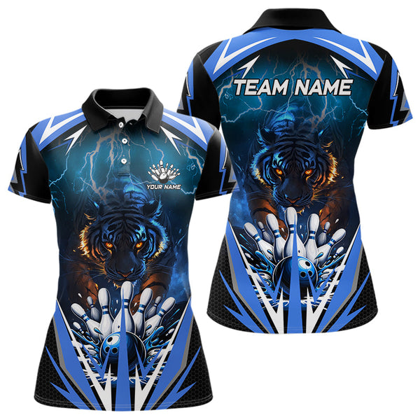 Maxcorners Blue Lightning Thunder Tiger Mens Bowling Polo, Quarter Zip Shirts Custom Bowler Jersey Bowling Outfit LM123