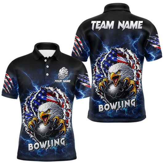 Blue Lightning Thunder US Flag Eagle Bowling Shirts For Men Custom Patriotic Bowling Team Jerseys LM1203