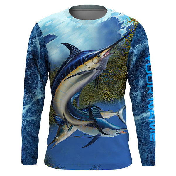 Maxcorners Marlin fishing blue water anchor compass American flag custom patriotic long sleeve Fishing jerseys LM2408