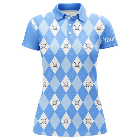 Maxcorners Blue Argyle Plaid Pattern Womens Golf Polos Shirts Custom Golf Shirts For Women