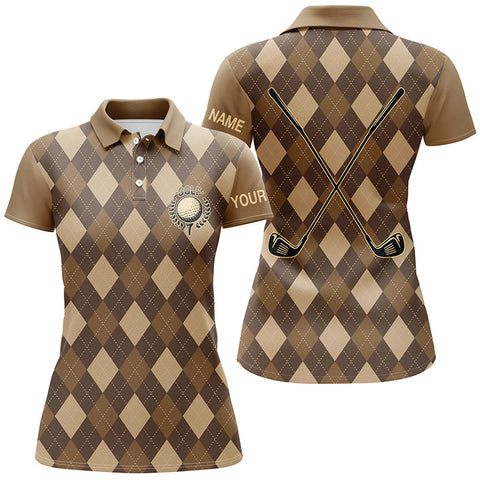 Maxcorners Brown Argyle Womens Golf Polo Shirts Custom Name Golf Outfit Women