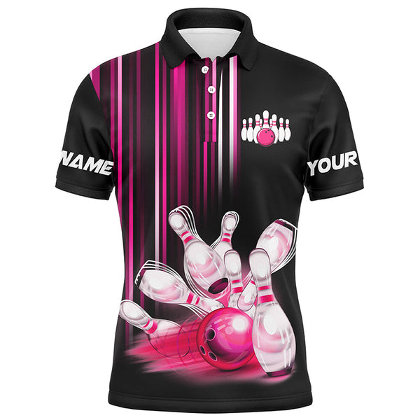 Maxcorners Bowling Ball And Pins Black And Pink Light  Customized Name, Team Name 3D Polo Shirt Unisex