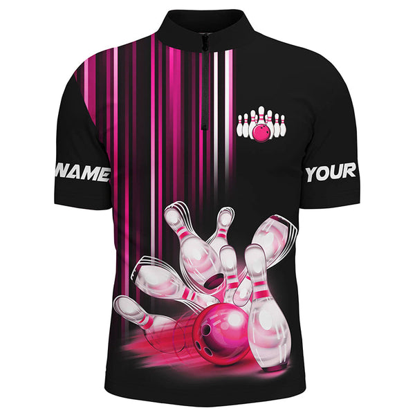 Maxcorners Bowling Ball And Pins Black And Pink Light  Customized Name, Team Name 3D Polo Shirt Unisex