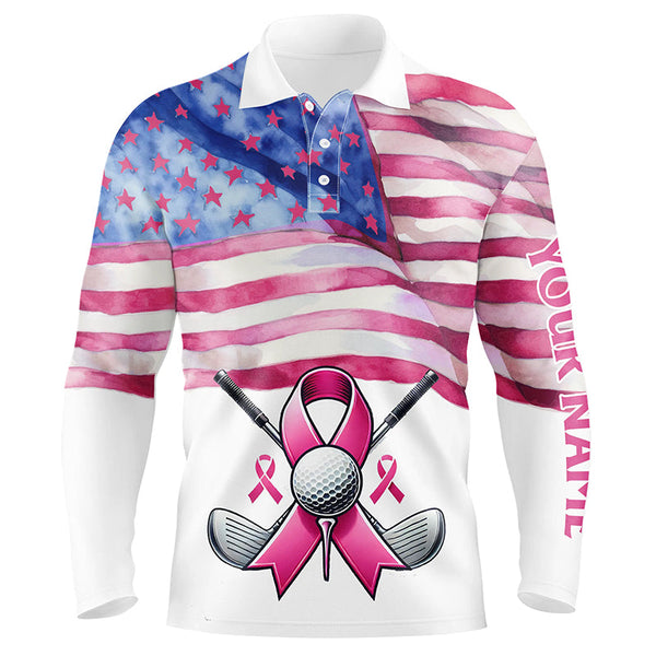 Maxcorners Pink ribbon American Flag Men golf polo shirts custom Breast Cancer awareness golf shirts