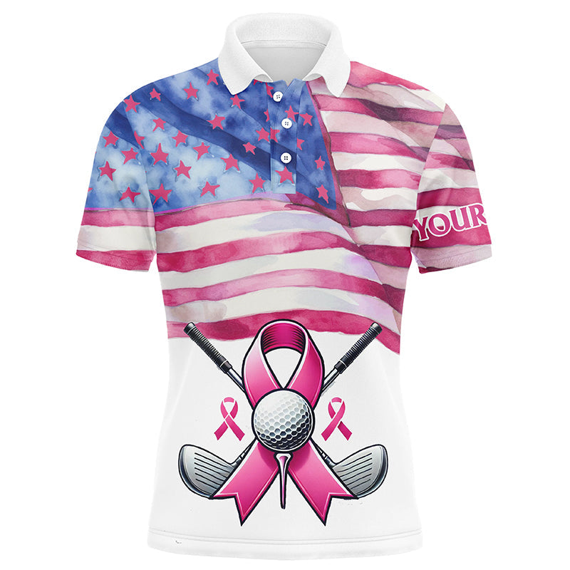 Maxcorners Pink ribbon American Flag Men golf polo shirts custom Breast Cancer awareness golf shirts