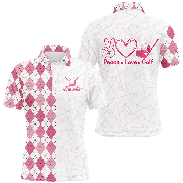 Maxcorners Pink argyle pattern Mens golf polo shirts custom peace love golf team jerseys, golf attire for men