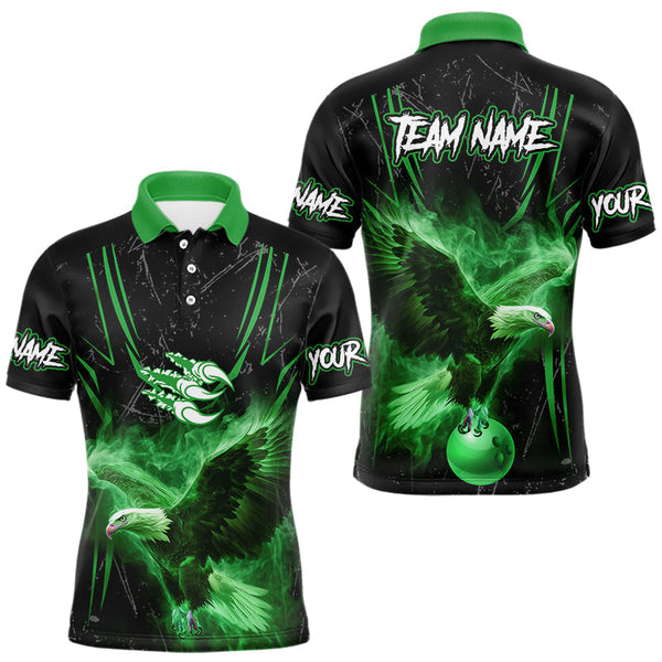 Maxcorners Black and Green Flame Eagle Bowling Shirt For Men Custom Team Name Bowling Jerseys For Bowlers MT1309