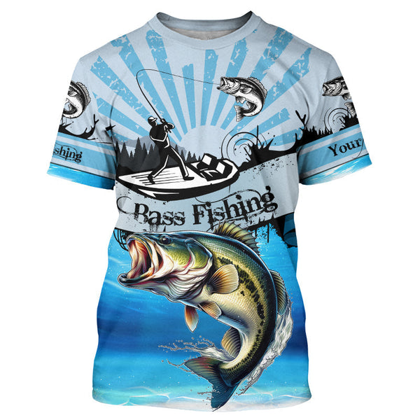 Maxcorners Personalized Largemouth Bass Fishing Jerseys blue Long Sleeve Fishing Shirts, Bass fishing jerseys MT2108