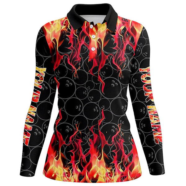 Maxcorners Black and Red Flame camo Womens bowling shirts Custom Flame Bowling Shirt Team Bowling Jersey