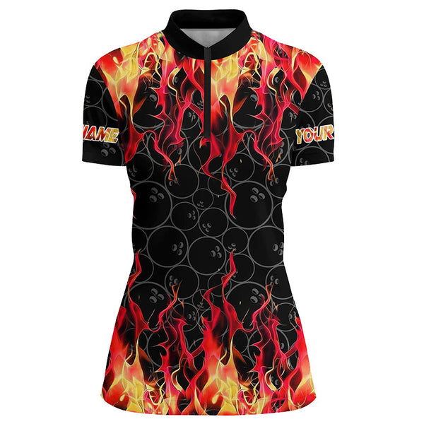 Maxcorners Black and Red Flame camo Womens bowling shirts Custom Flame Bowling Shirt Team Bowling Jersey