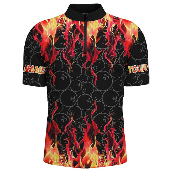 Maxcorners Black And Red Flame Ball Pattern Bowling Jersey Customized Name, Team Name 3D Shirt Unisex