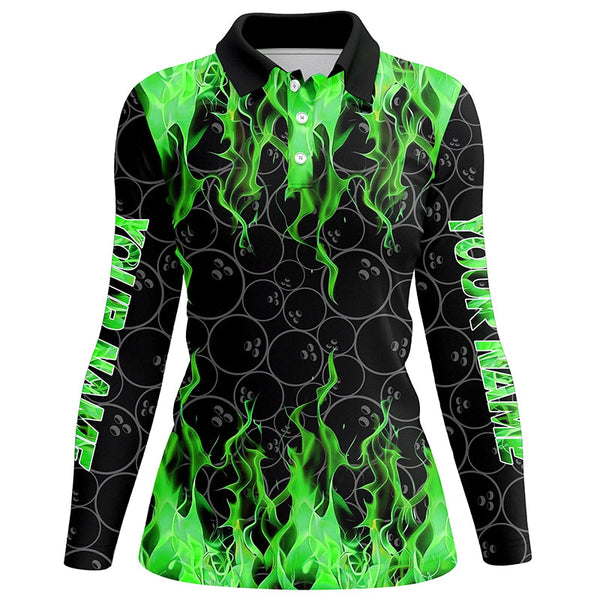 Maxcorners Black and Green Flame camo Womens bowling shirts Custom Flame Bowling Shirt Team Bowling Jersey